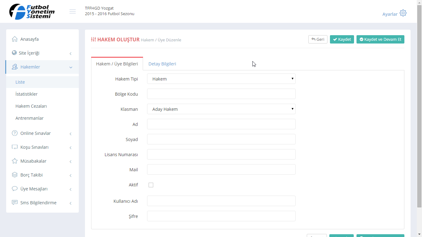 Hakem bilgileri düzenlenmesi